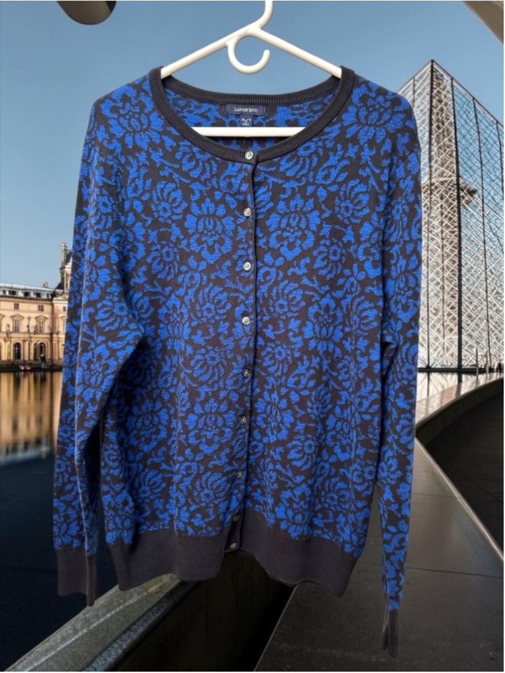 LANDS END Sparkling Floral Cardigan Knit Sweater Womens Large Blue & Black